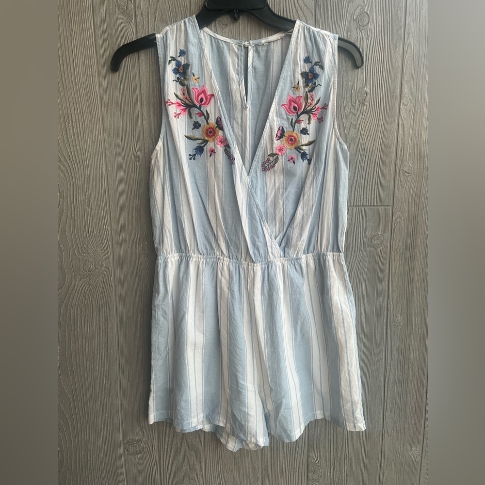 Blu Pepper Embroidered Floral Romper Large Blue White Stripe 100% Cotton